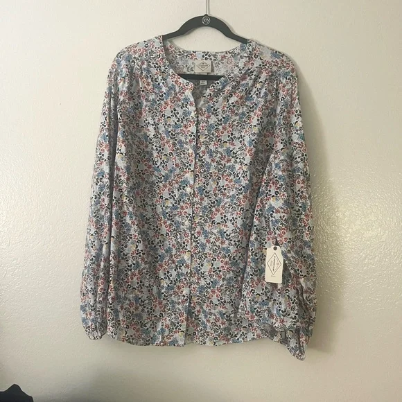 St. John's Bay Multicolor Floral Blouse 2x Button Up Long Sleeve Blue Green Ivor - Picture 11 of 16